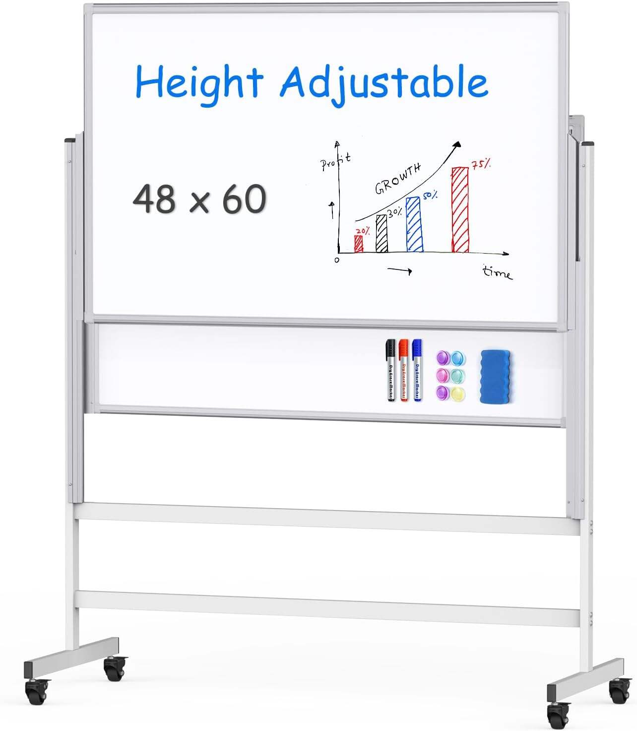 Dry Erase Whiteboard Height Adjustable, Easel Stand Rolling White Board on Wheels - 48 x 60 Large Mobile Dry Erase Board, 4' x 5' Double Sided Magnetic Whiteboard for School Office Home