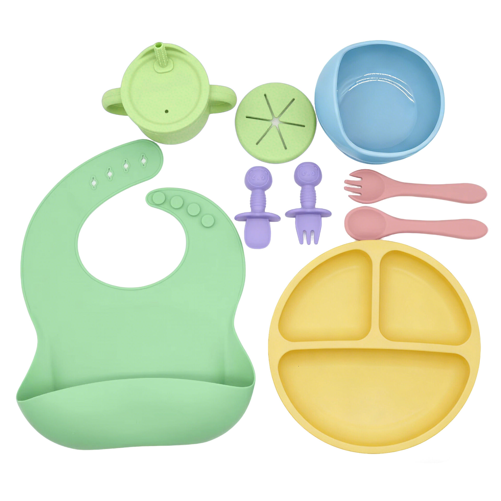 Integrated Cartoon Design Silicone Self-Feeding Baby Plate with Suction Cup High Chair Food Bowl Utensils for Weaning Baby