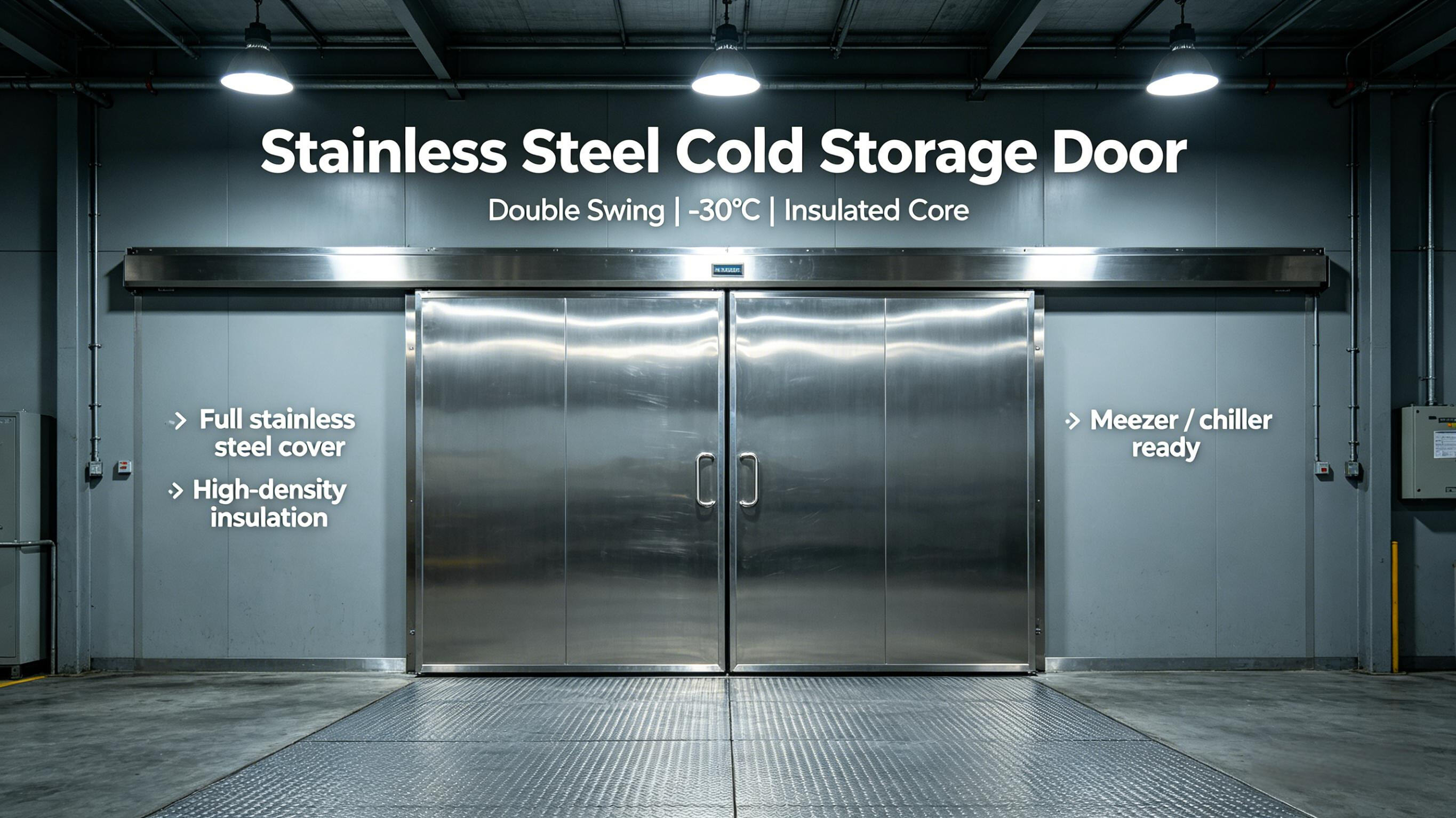 Stainless Steel Double Cold Storage Door Opening Demo, Premium Insulation For Freezer