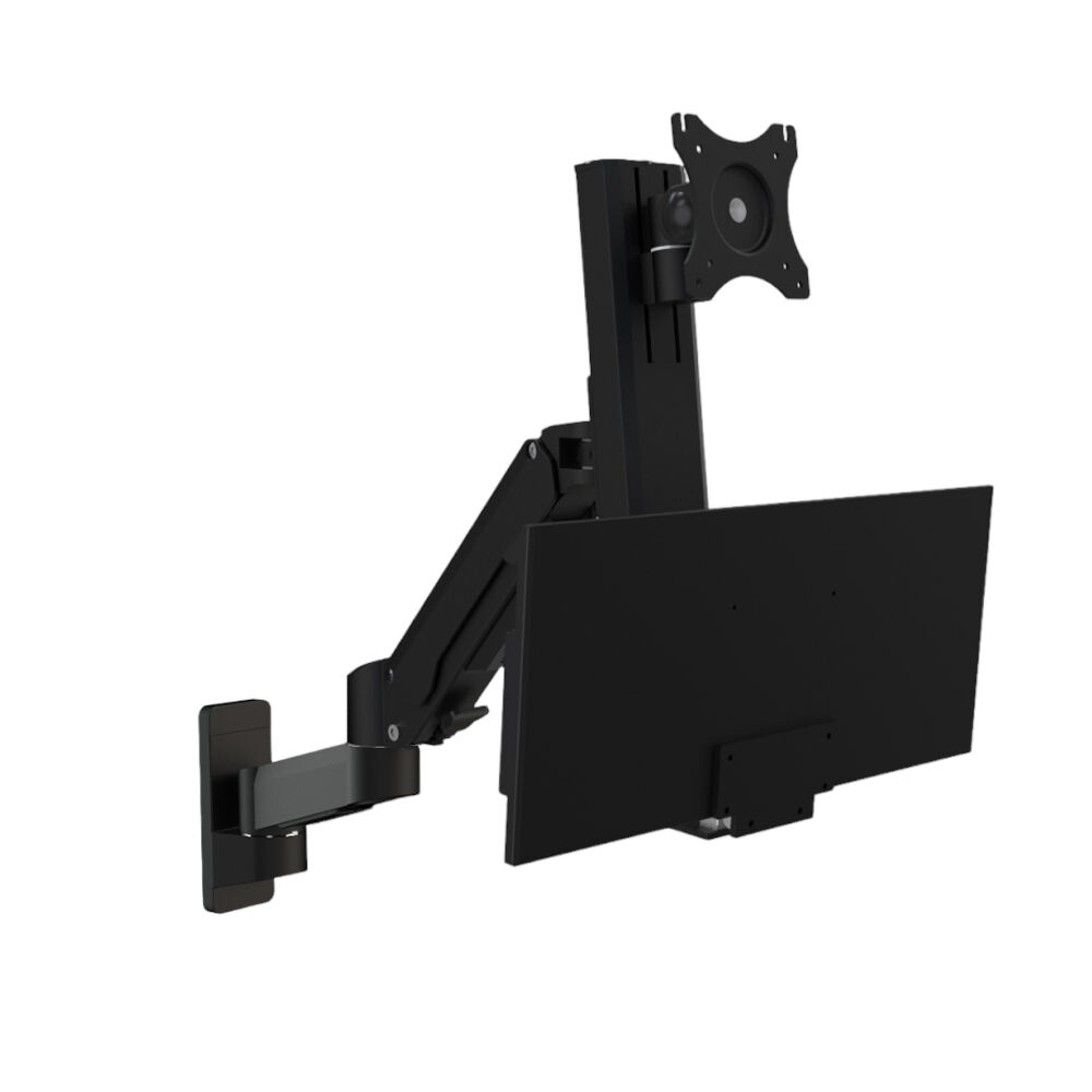 T8-GA02KB Black Industrial workstation Gas Spring Monitor Arm Wall Mounted with Keyboard Size 450 mm Screen Rotation 360°