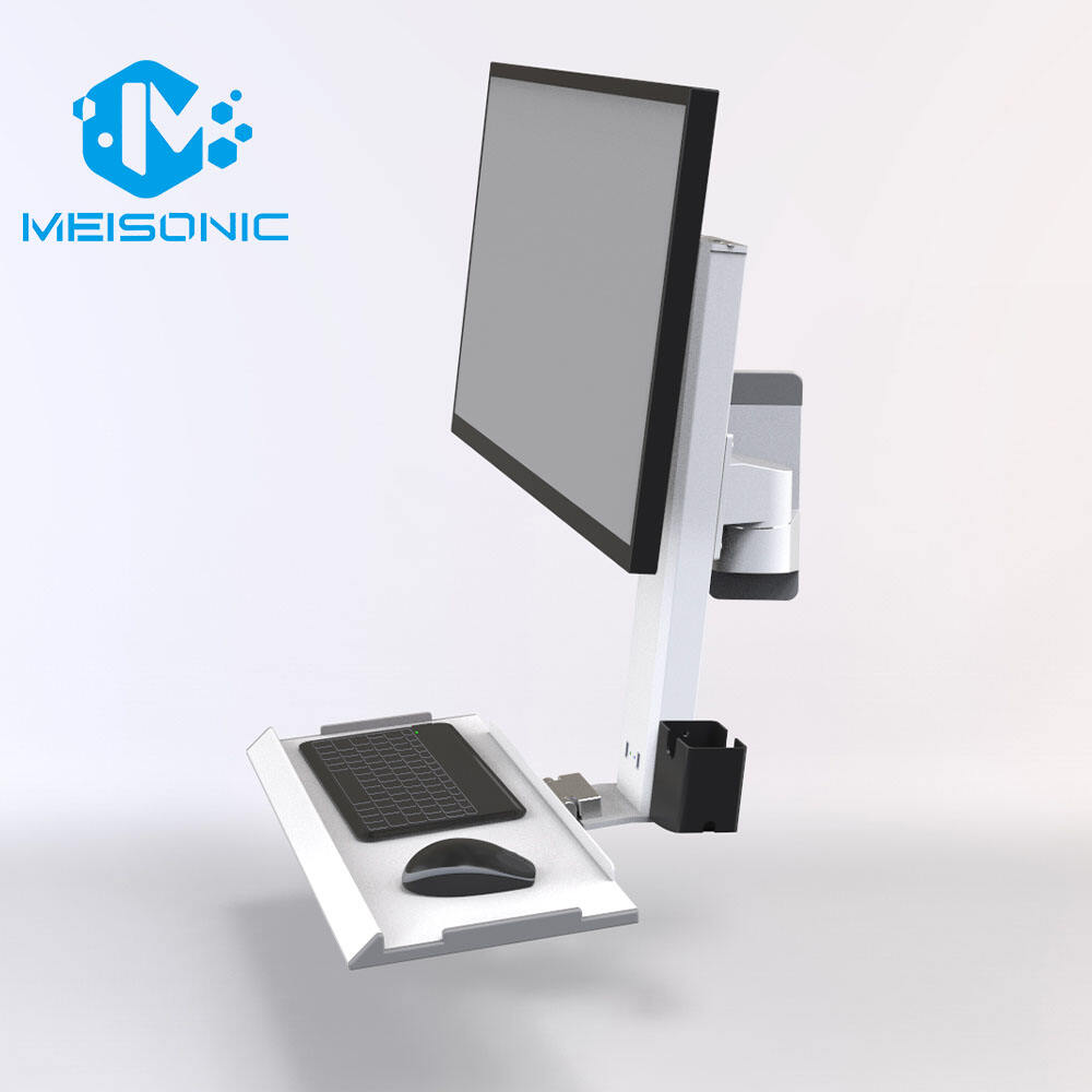 T8-MA00KB White Industrial workstation Gas Spring Monitor Arm Wall Mounted with Keyboard Size 450 mm Screen Rotation 360°
