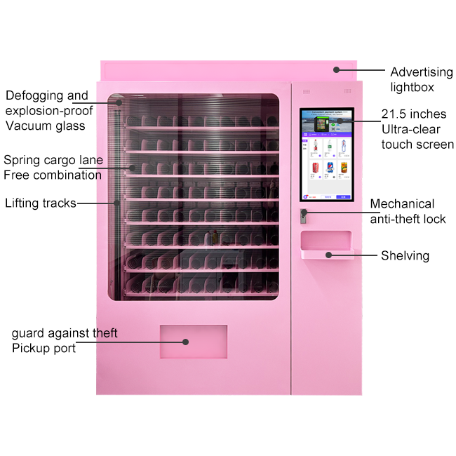 Máquina expendedora inteligente rosa eje Y UPUS - Refrigerada, antirrobo, estantes personalizables, soporte para múltiples métodos de pago, suministro directo de fábrica, mini máquina expendedora de belleza económica, máquina expendedora táctil/cosméticos/cabello/pestañas/máquina expendedora pequeña