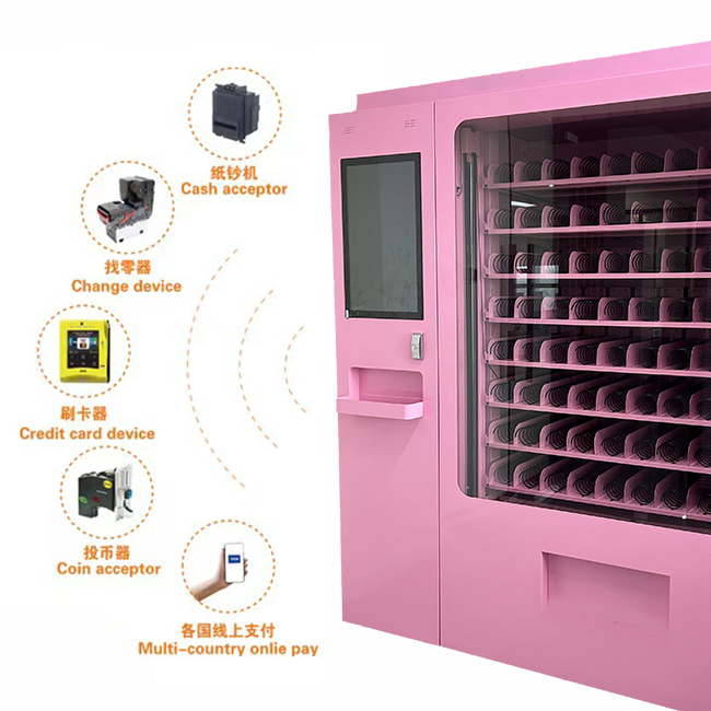 Máquina expendedora inteligente rosa eje Y UPUS - Refrigerada, antirrobo, estantes personalizables, soporte para múltiples métodos de pago, suministro directo de fábrica, mini máquina expendedora de belleza económica, máquina expendedora táctil/cosméticos/cabello/pestañas/máquina expendedora pequeña