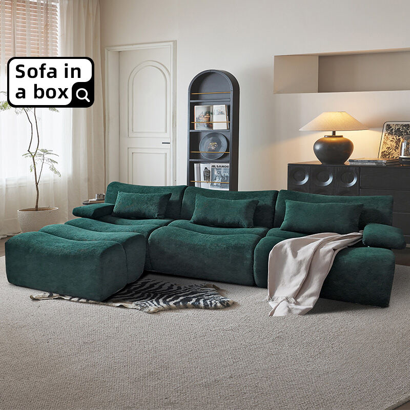 Matsalssoffa i olivgrön skär velvet, L-formad sectional med chaise