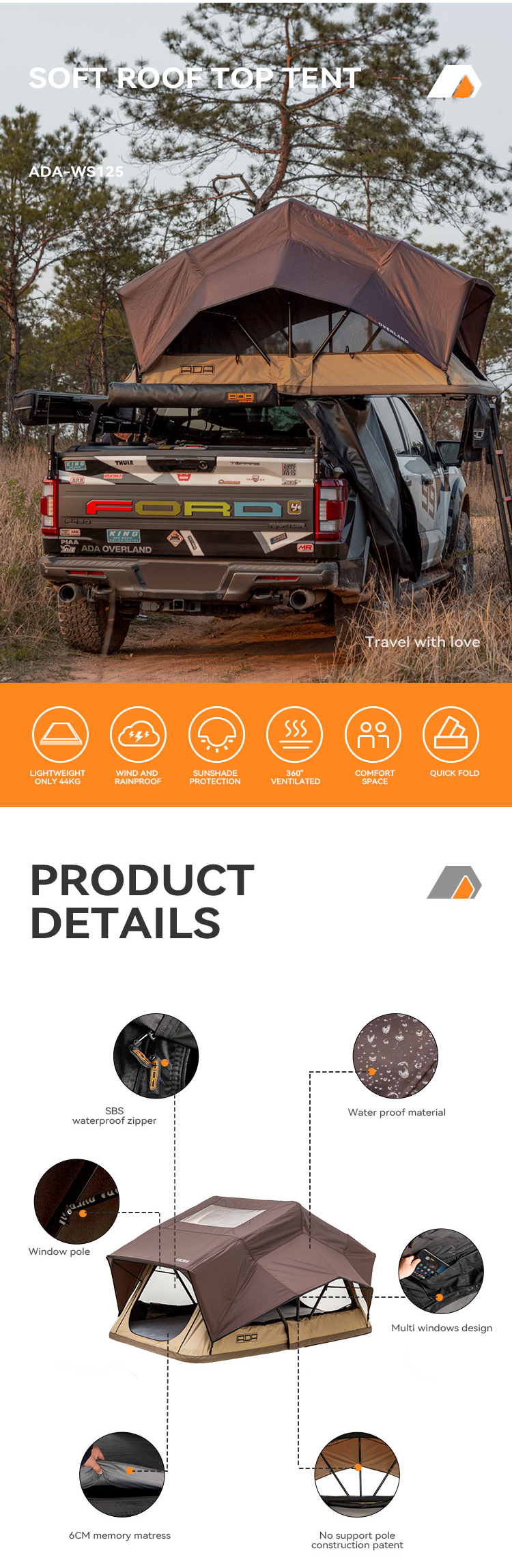Lightweight Foldable Soft Shell Vehicle Roof Tent details
