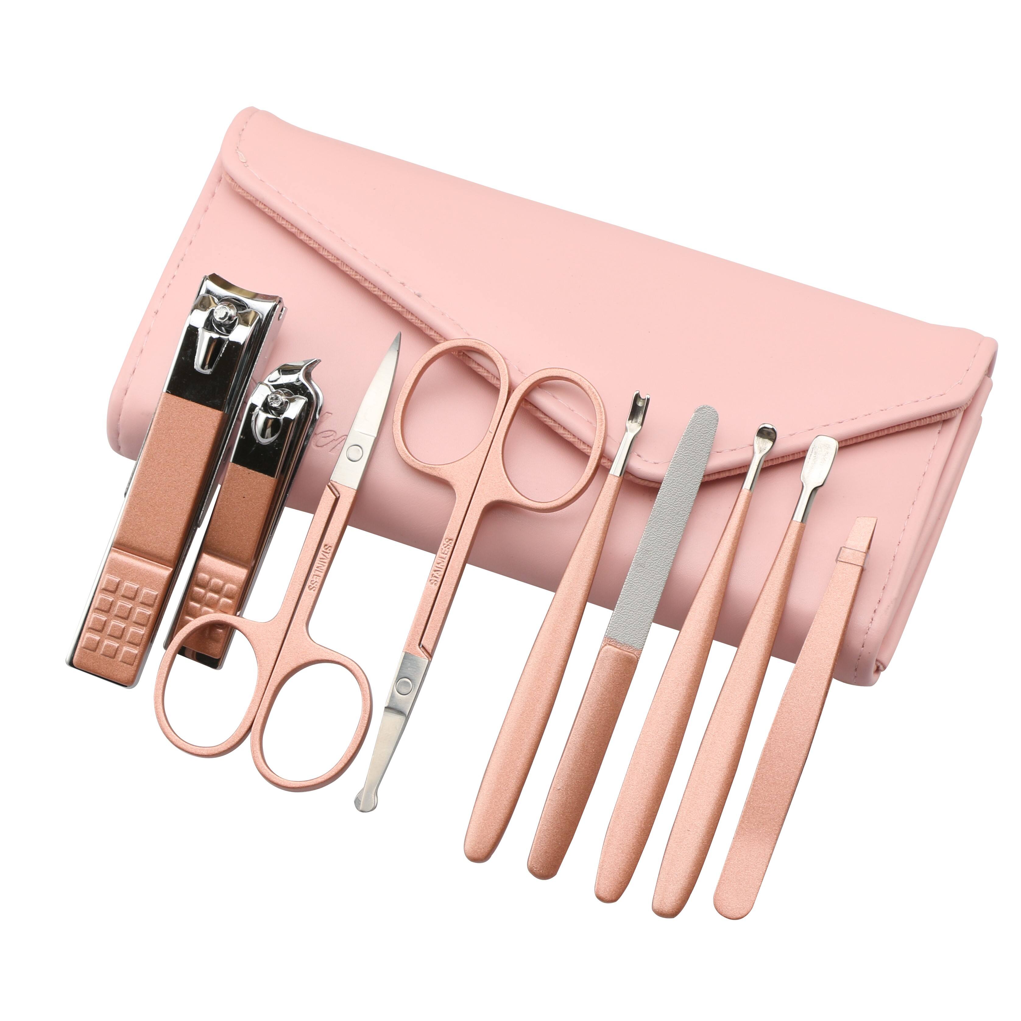 High Quality 9-Piece Rose Gold Travel Nail Clipper Kit Manicure & Pedicure Tools