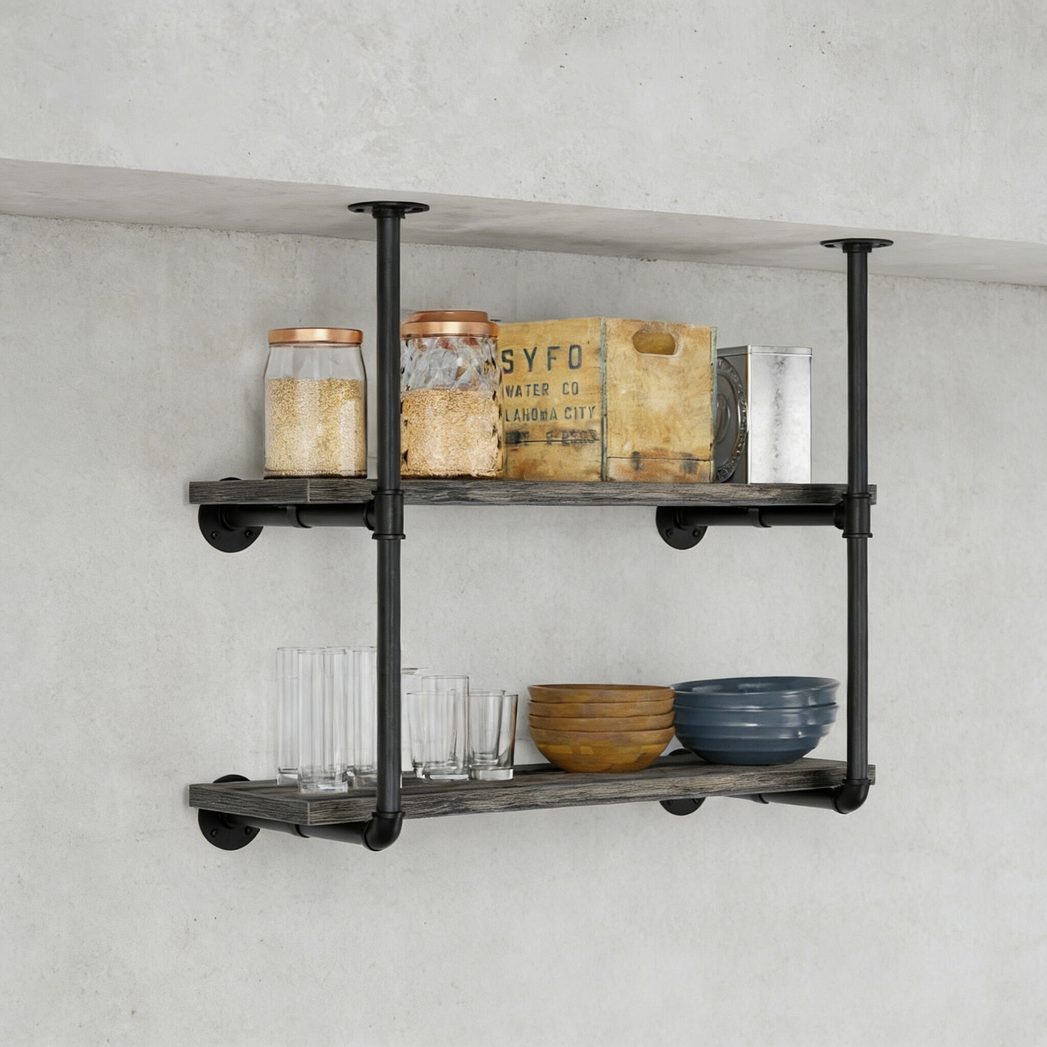 Industrial ceiling-mounted double shelf kit