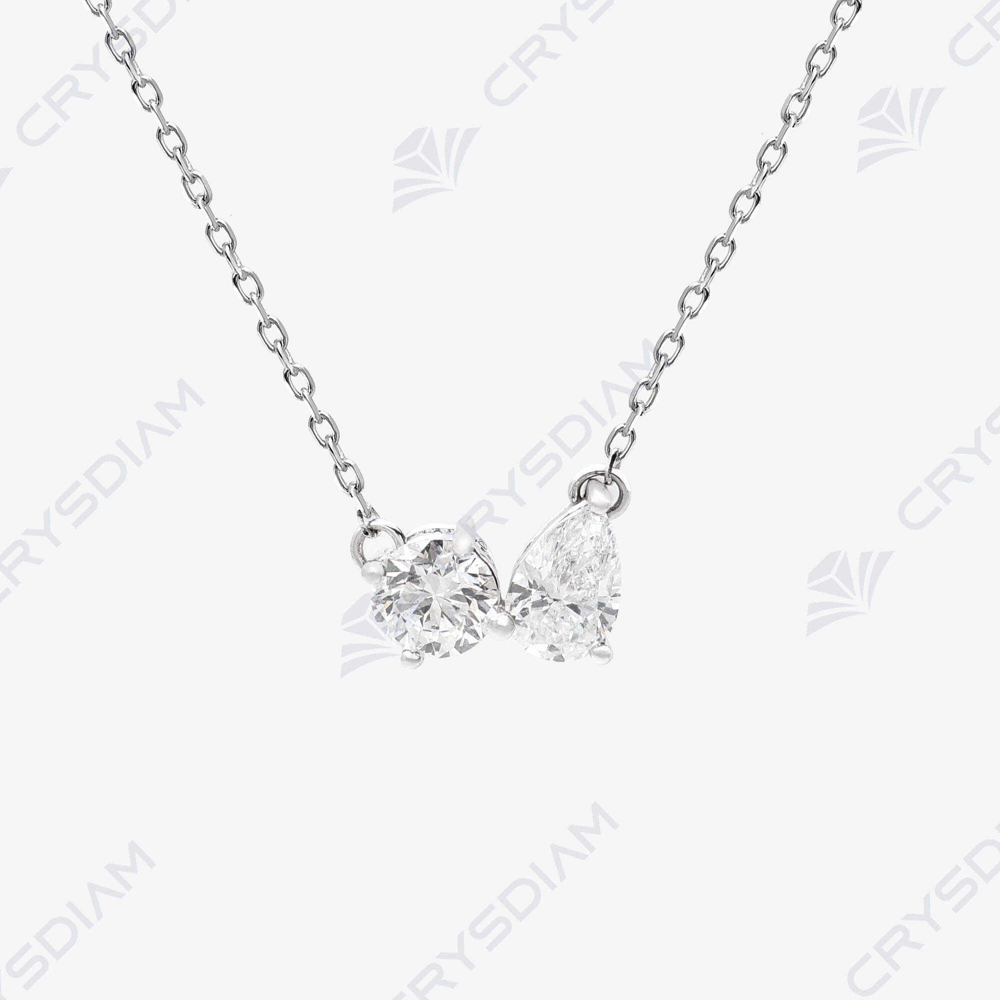 Round/pear shape toi et moi necklace, TW1.00ct, 18KW