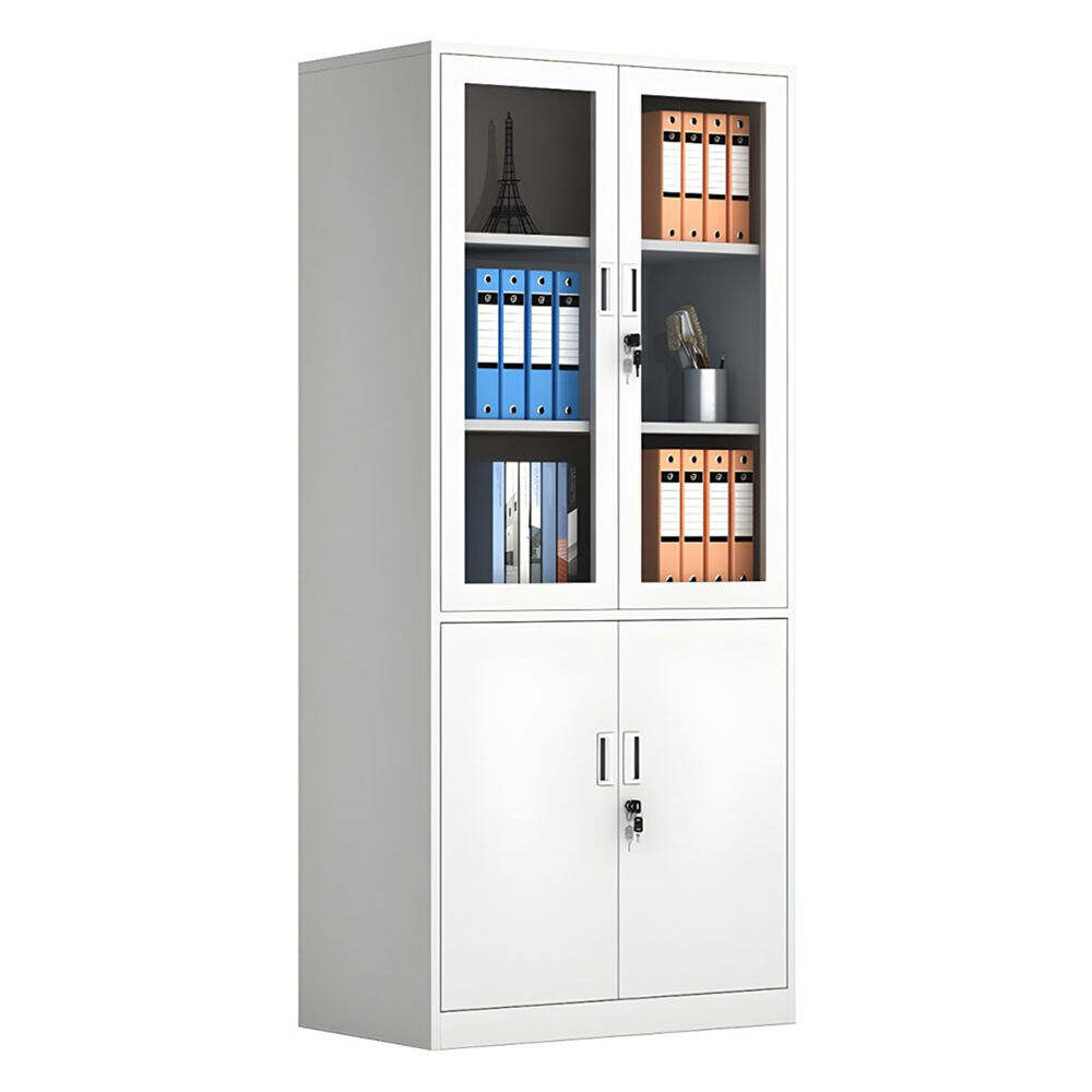Metal Filing Cabinet with 4 Doors Upper Glass & Lower Steel Doors for Office Storage