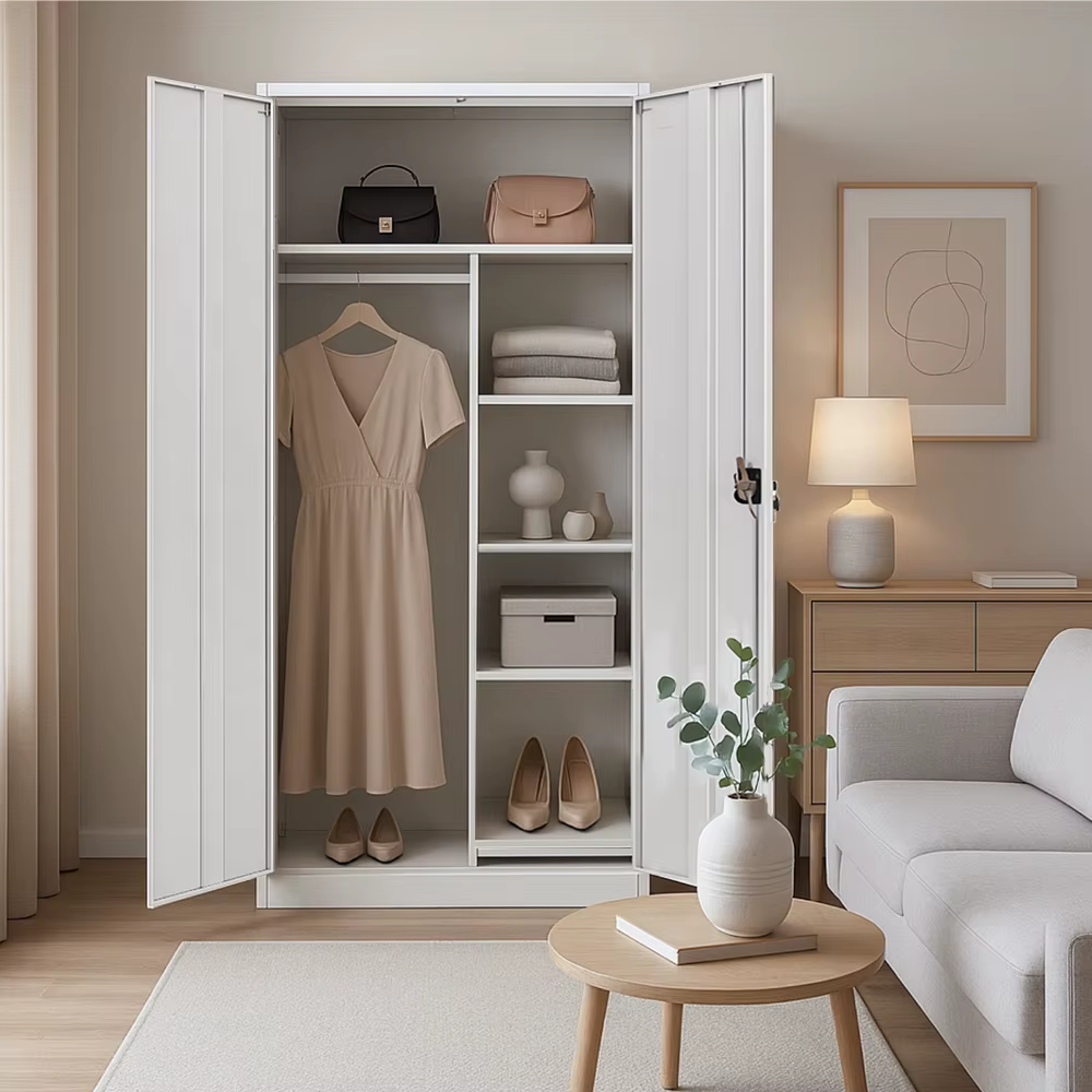 2-Door Steel Wardrobe, Multi-Scenario Metal Storage Cabinet for Office, Bedroom, School