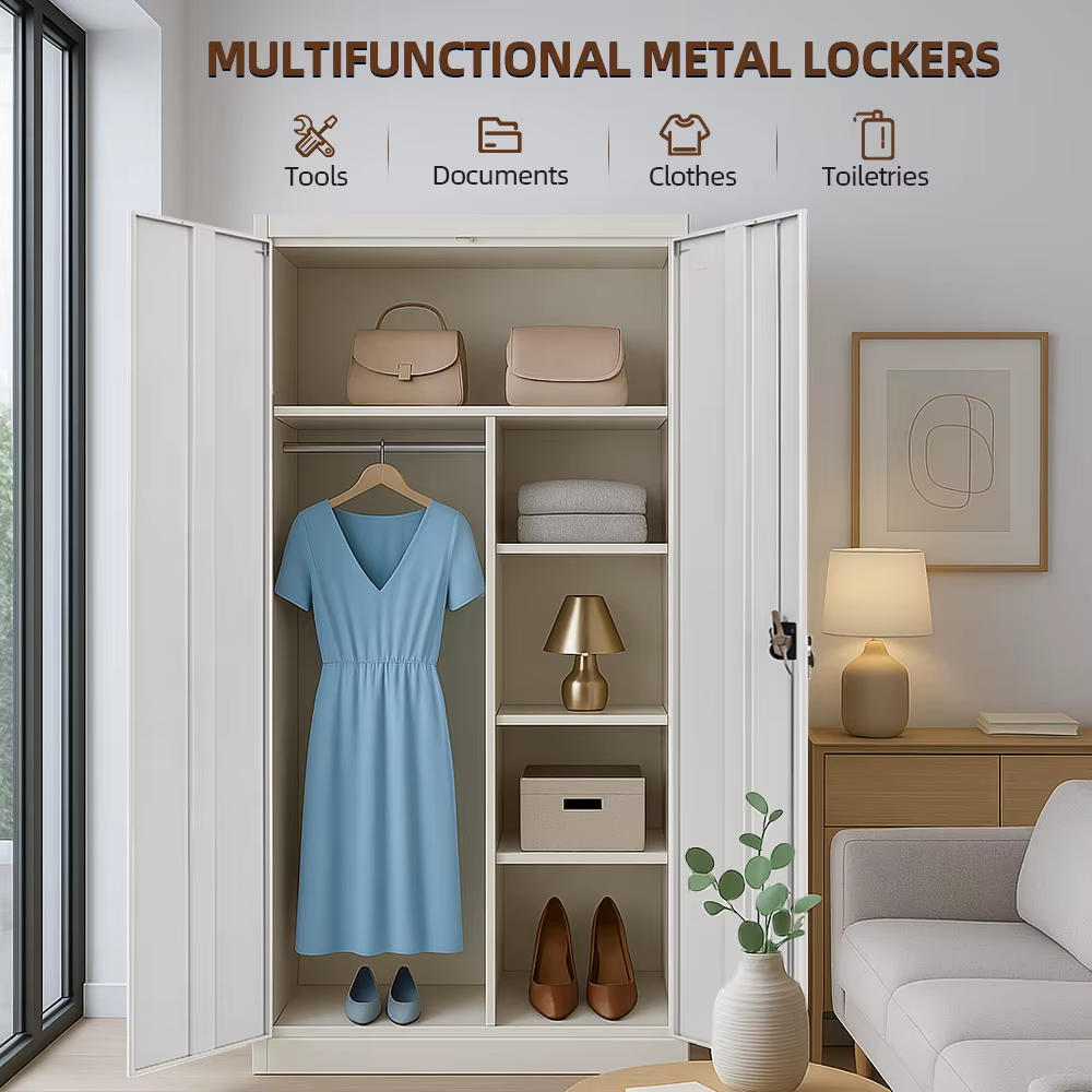 2-Door Steel Wardrobe, Multi-Scenario Metal Storage Cabinet for Office, Bedroom, School