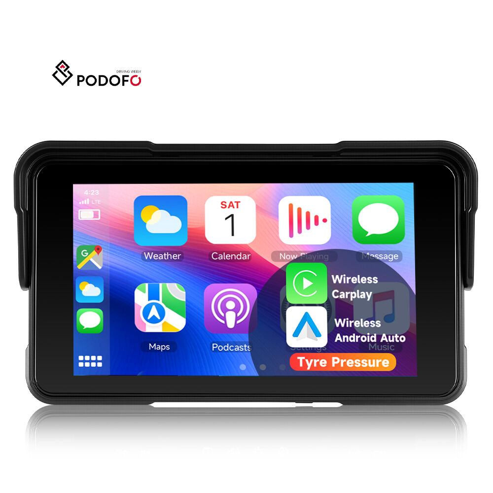 Podofo 5 Inch Portable Motorcycle IPS Screen with iPhone Carplay & Android Auto BT IP68 Waterproof Auto Light-Sensor Anti-theft A4329