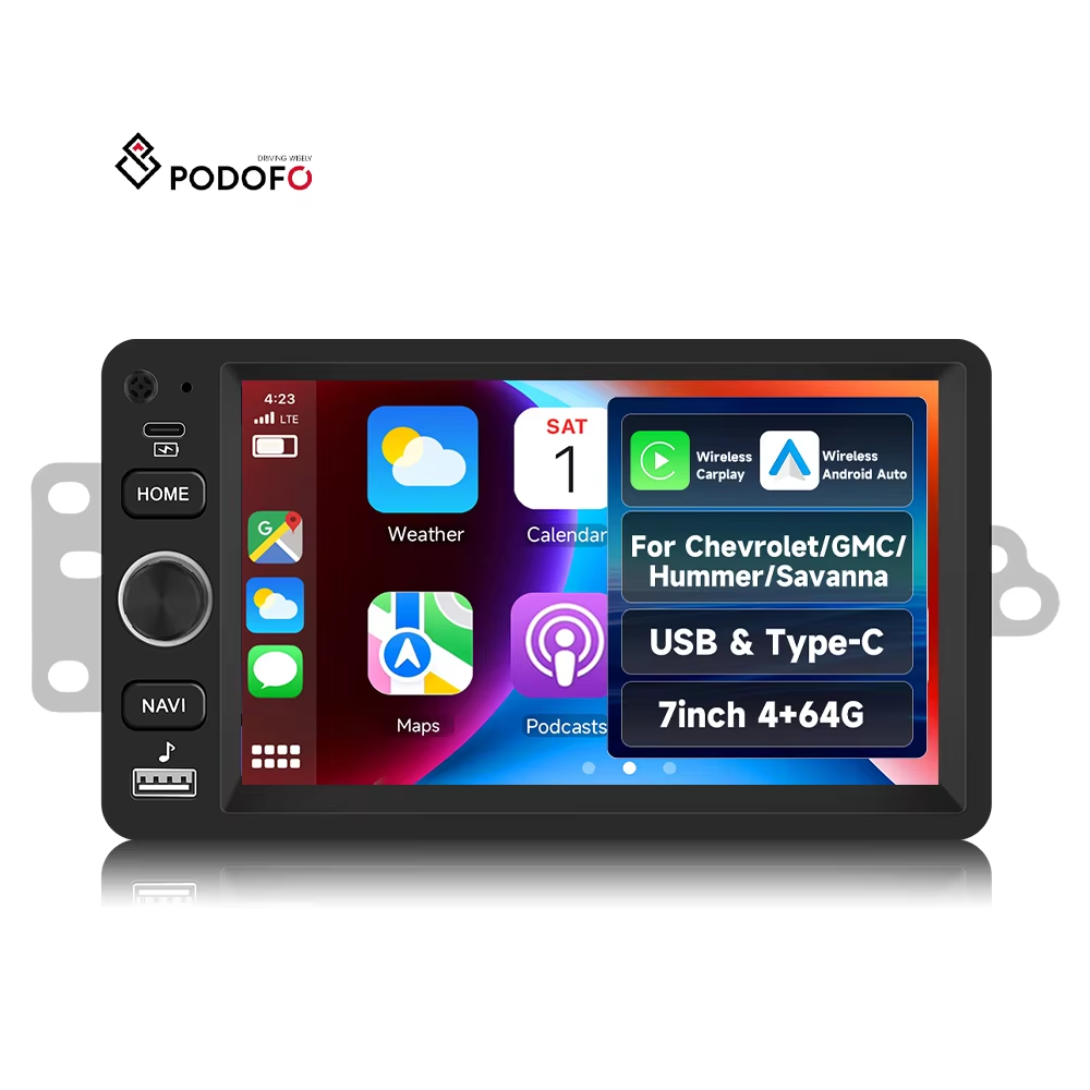 เครื่องเสียงรถยนต์แอนดรอยด์รุ่น Podofo ความจุ RAM 4 GB + ROM 64 GB สำหรับรถยนต์เชฟโรเลต, GMC, ฮัมเมอร์, และซาเวนนา, หน้าจอขนาด 7 นิ้ว, รองรับการเชื่อมต่อไร้สาย CarPlay/Android Auto, มีระบบ GPS และ WiFi, พร้อม EQ, ขายส่ง, ผลิตตามแบบ OEM/ODM, รุ่น A4523