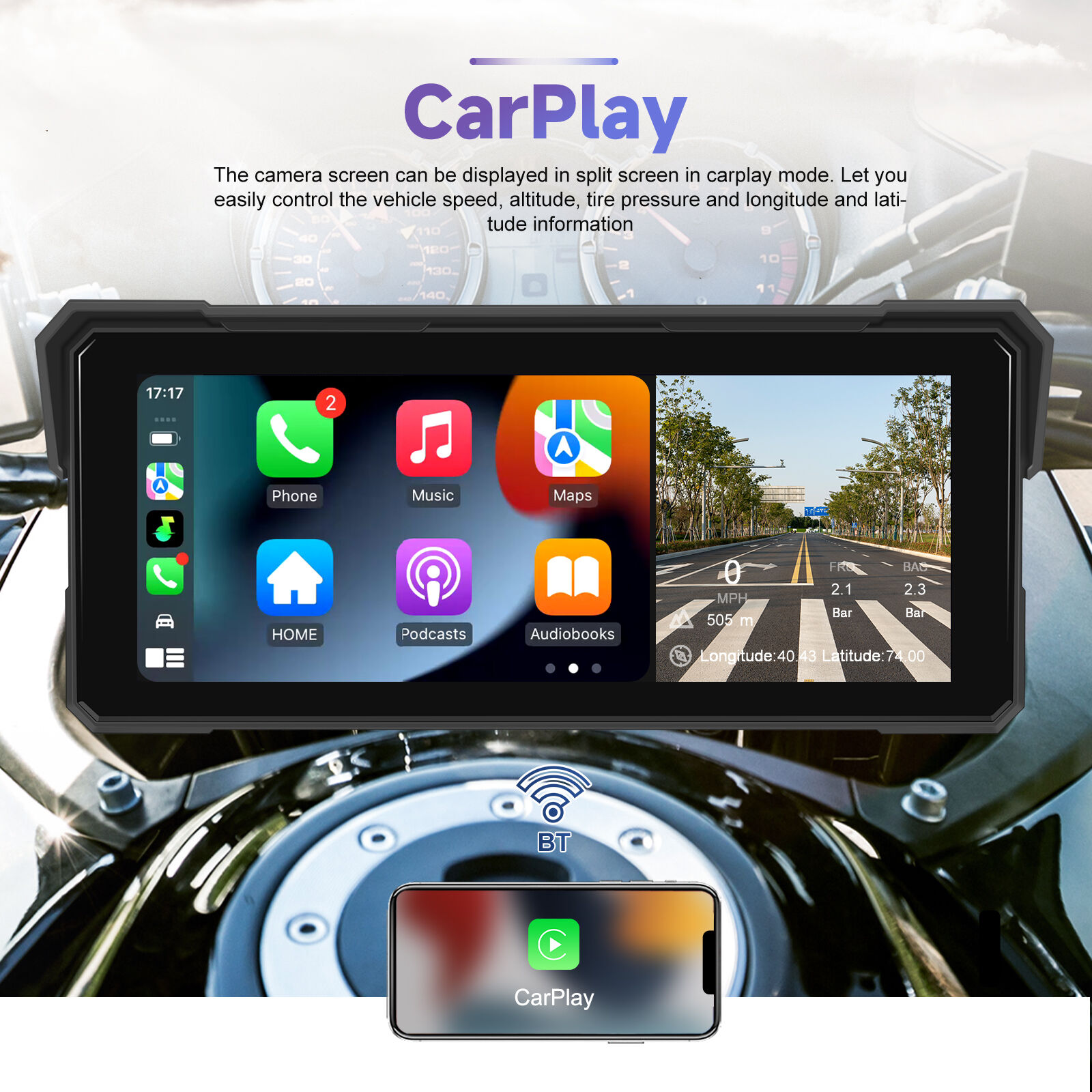 Podofo 8.1 Inch Motorcycle DVR Portable Wireless Carplay Android