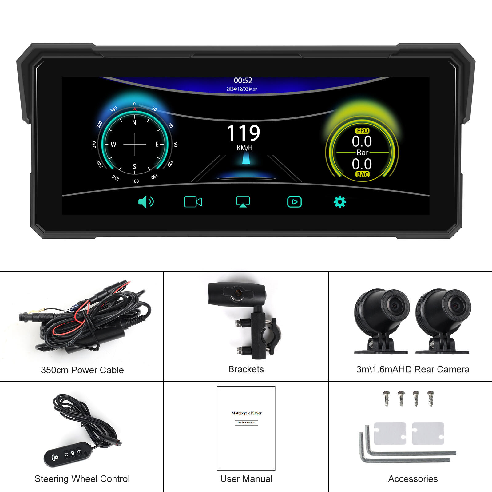 Podofo 8.1 Inch Motorcycle DVR Portable Wireless Carplay Android