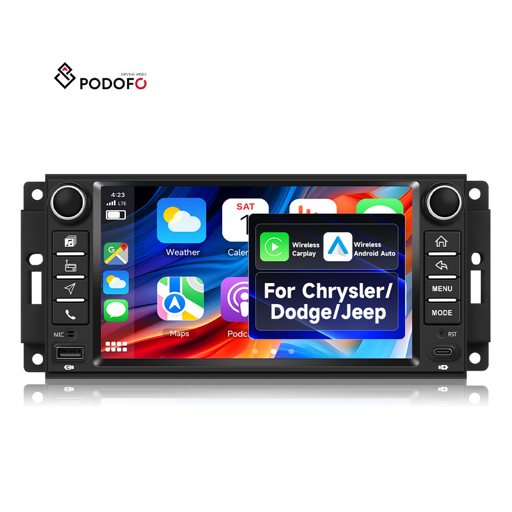 เครื่องเสียงรถยนต์แอนดรอยด์รุ่น Podofo ความจุ RAM 4 GB + ROM 128 GB หน้าจอขนาด 7 นิ้ว, รองรับการเชื่อมต่อไร้สาย CarPlay/Android Auto, มีระบบ GPS/WiFi, สำหรับรถยนต์ Jeep, Chrysler และ Dodge, ผลิตตามแบบ OEM/ODM, ขายส่งโดยโรงงาน, รุ่น A4497