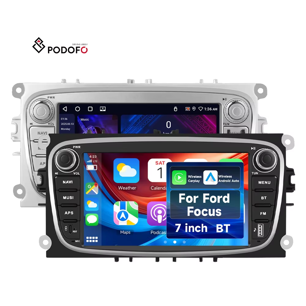Podofo Android Car Stereo 7'' IPS 4+64G Wireless CarPlay/Android Auto Radio for Ford Focus II/S-Max/Mondeo 9/Galaxy II/C-Max A4310BK/A4310SR