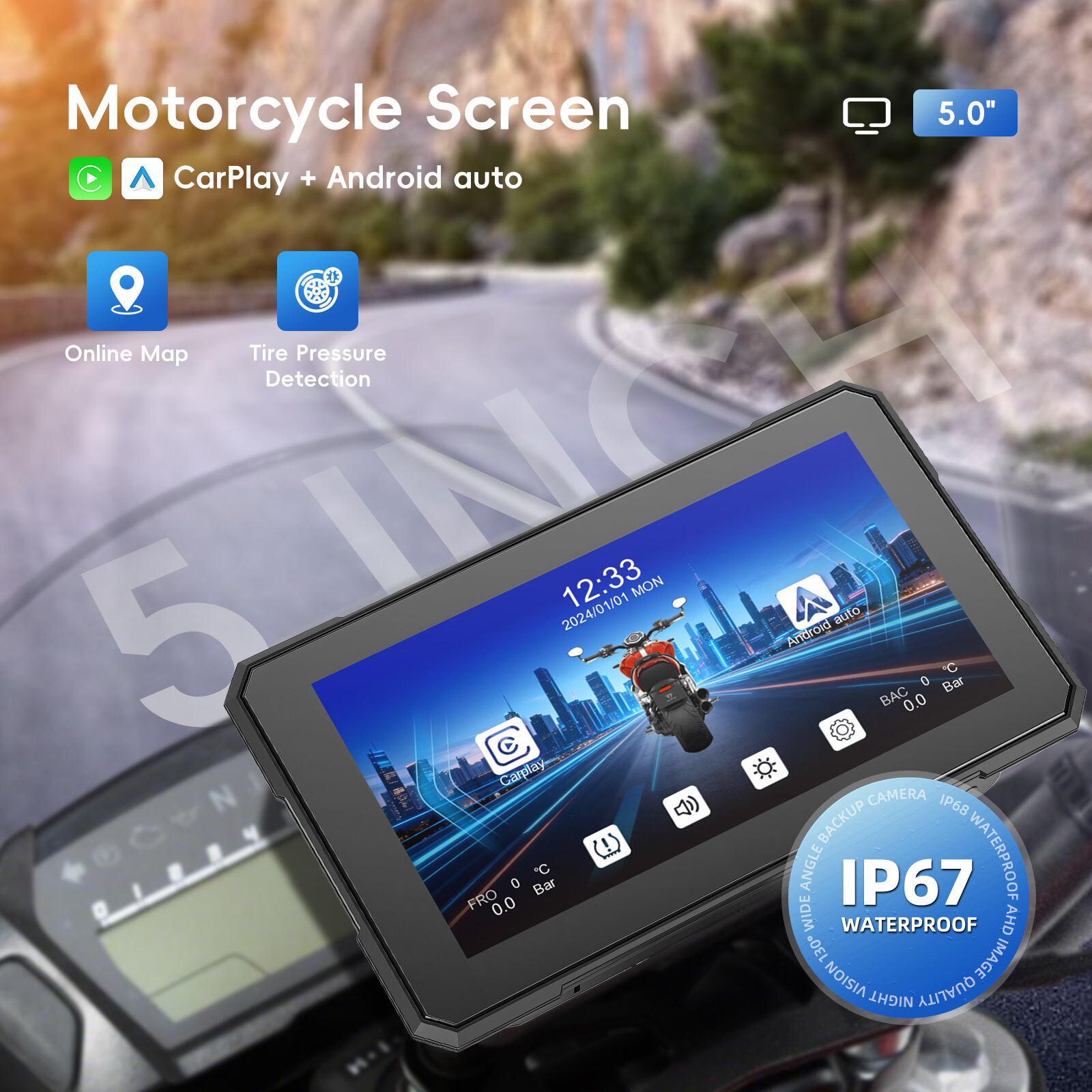 Podofo 5インチポータブルオートバイ用ワイヤレスCarPlayスマート 