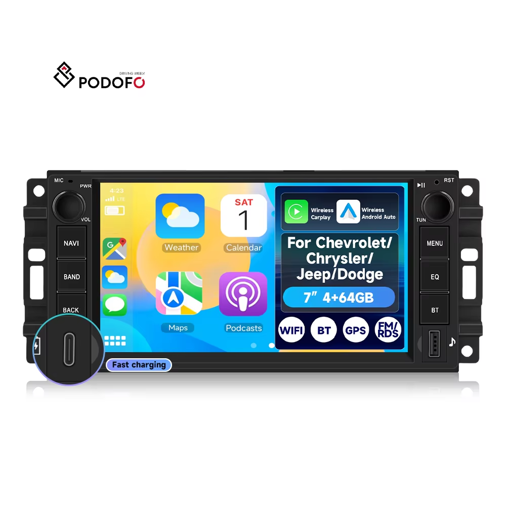 Podofo 7 Inch Car Audio 4+64G CarStereo Wireless Carplay WIFI GPS RDS EQ for Jeep/Chevrolet/Chrysler/Dodge Radio Para Carro A4479