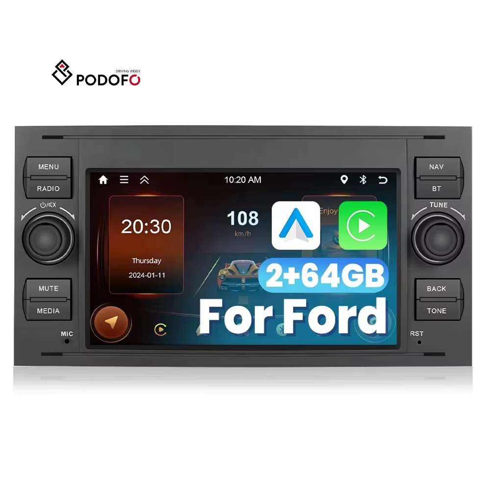 Podofo 7'' Android Carplay Android Auto Car Stereo 2+64G Car Radio BT WIFI GPS EQ FM RDS for Ford Transit Fiesta Focus Galaxy A3718WE/A3718BK