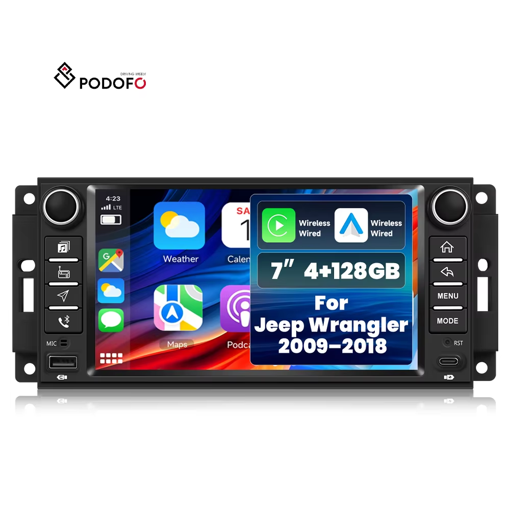 Podofo 7'' Jeep Wrangler 2009-2018 için Android Araç Radyosu, 4+128 GB, CarPlay/Android Auto/IPS Dokunmatik/GPS/WiFi/BT/FM/RDS, OEM Fabrika Modeli A4443