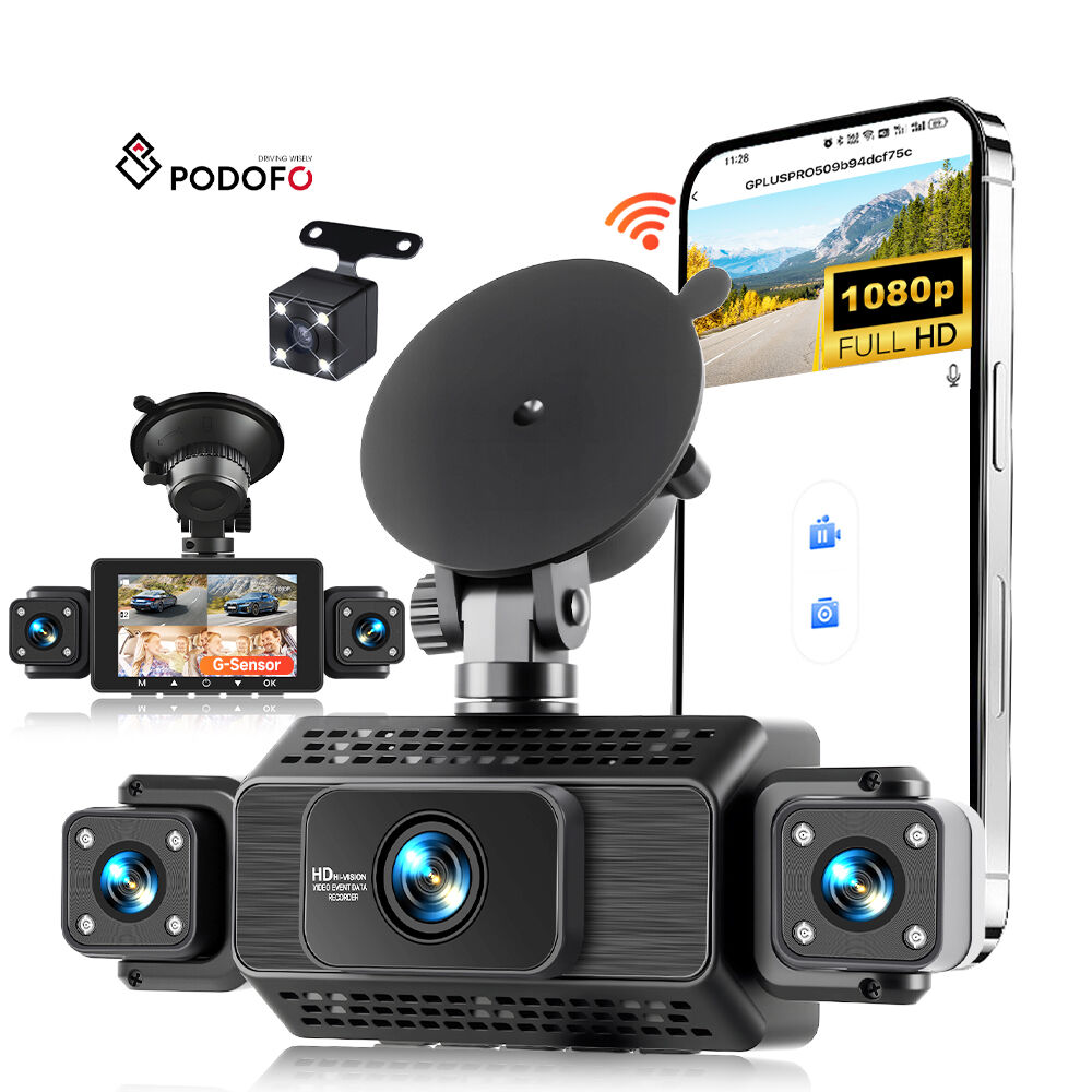 1080P Drievoudige Dashcam, Opname voor, Achter en Binnen, Nachtzicht, G- sensor, Bewegingsdetectie, 24 Uur Parkeerbewaking - Auto-DVR-camera voor Verbeterde Voertuigbeveiliging