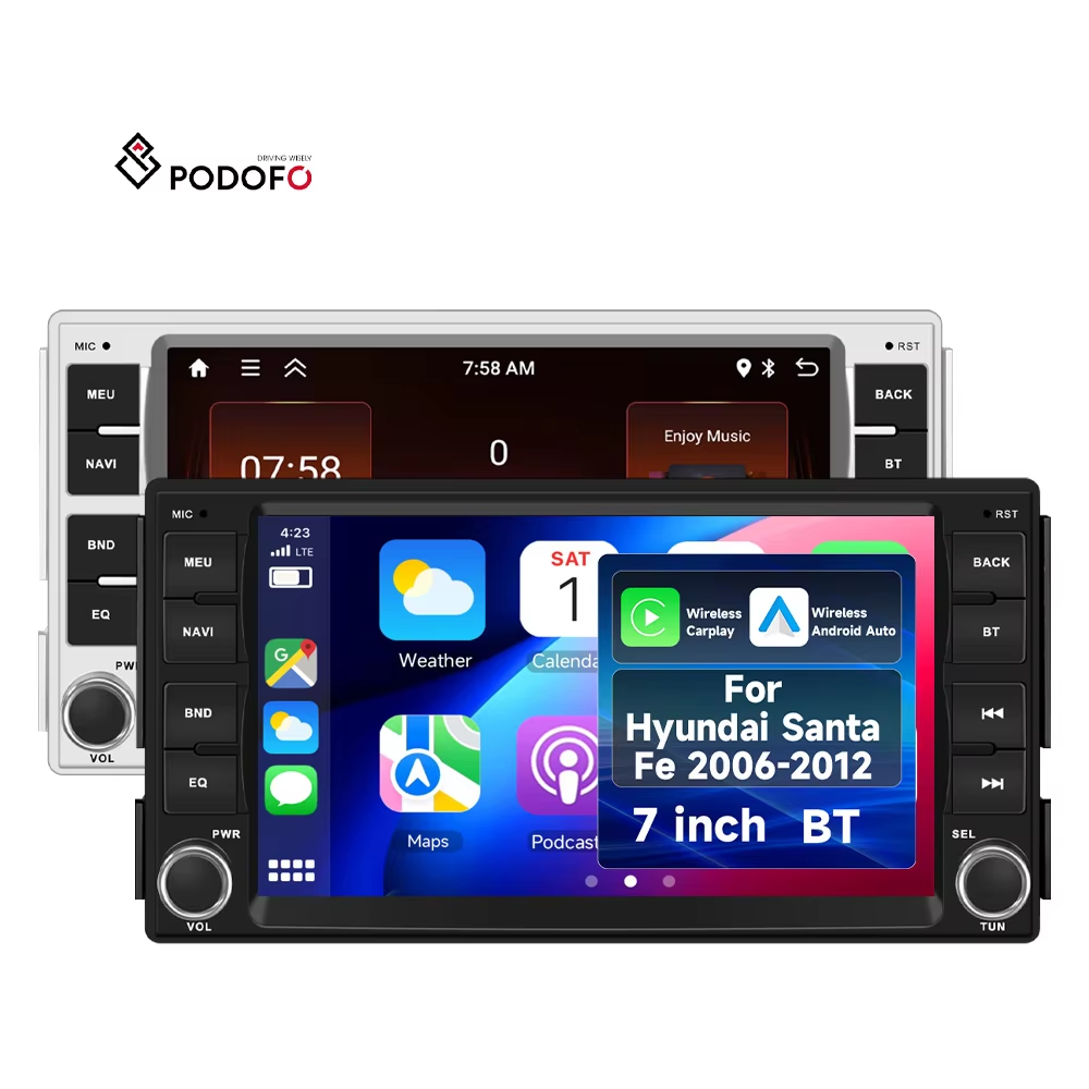 Podofo 7'' 2+64 Android Car Radio for Hyundai Santa Fe 2006-2012 Stereo Wireless Carplay Android Auto Wifi DVR GPS ODM Supplier A4437SR/A4437BK