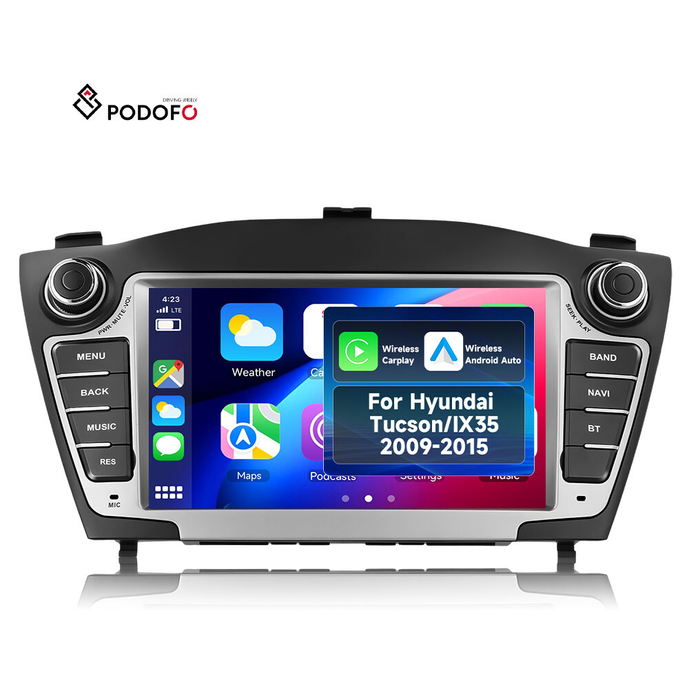 เครื่องเสียงรถยนต์แอนดรอยด์รุ่น Podofo หน้าจอขนาด 7 นิ้ว ความจุ RAM 4 GB + ROM 64 GB, รองรับการเชื่อมต่อไร้สาย CarPlay/Android Auto, มีระบบ GPS/WiFi, สำหรับรถยนต์ฮุนได ทูซอน/IX35 ปี ค.ศ. 2009–2015, ผลิตตามแบบ OEM, รุ่น A4512