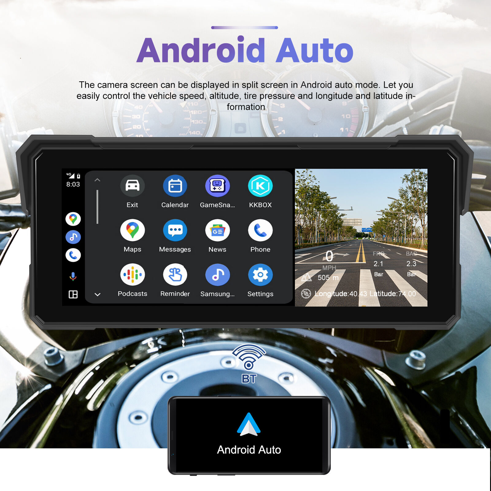 Podofo 8.1 Inch Motorcycle DVR Portable Wireless Carplay Android