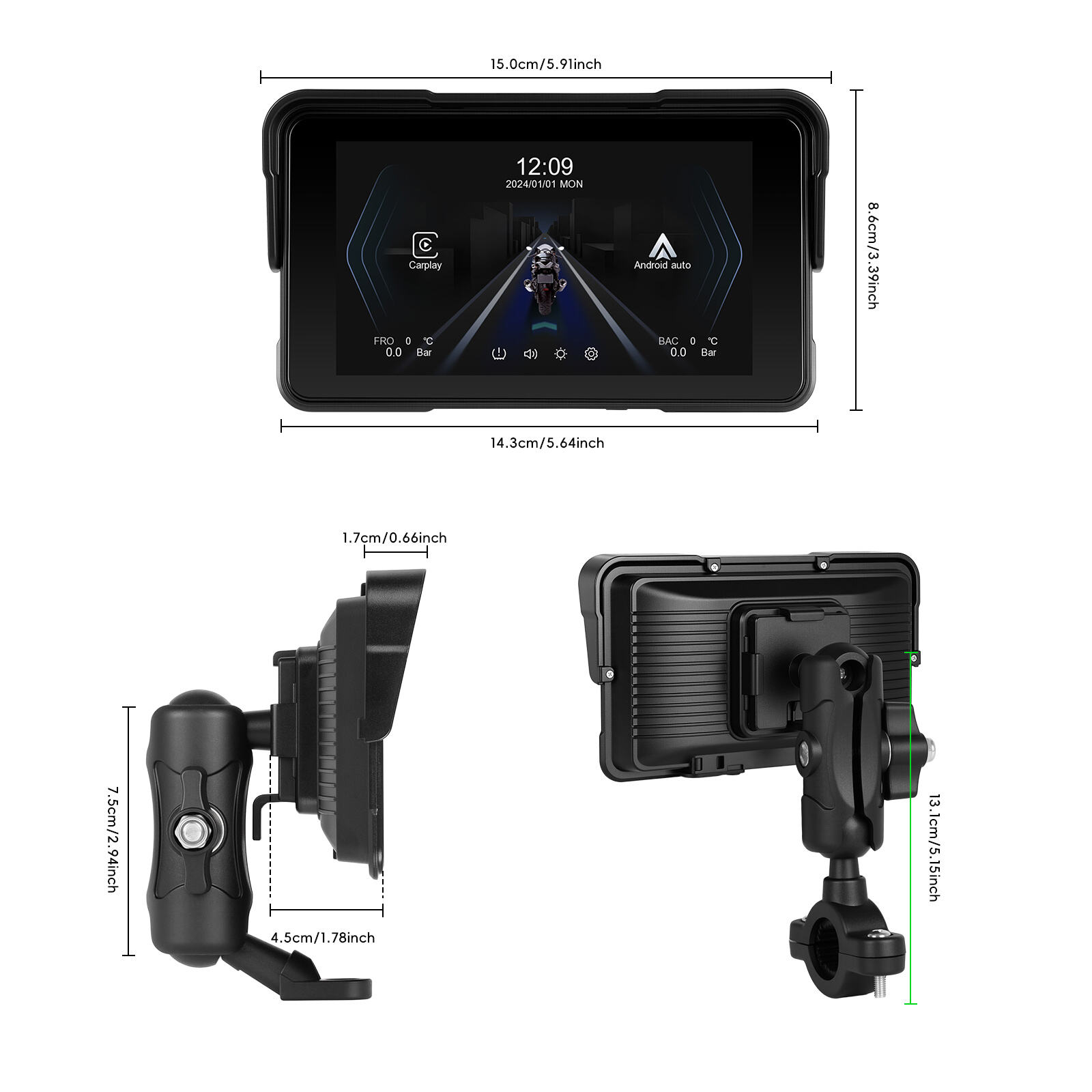Podofo 5 Inch Portable Motorcycle IPS Screen with iPhone Carplay 