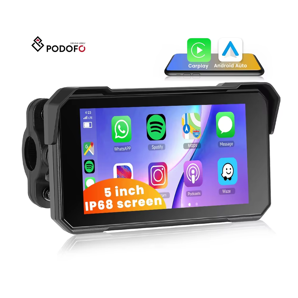 Podofo 5 Inch Portable Motorcycle IPS Touch Screen with Wireless Carplay/Android Auto BT IP68 Waterproof A4058