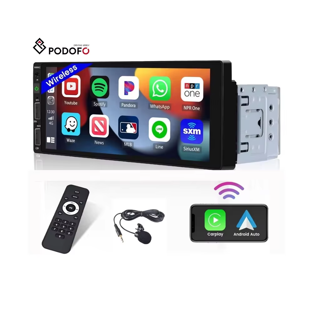 Podofo 6.86'' Single Din Car Stereo Wireless/Wired Carplay & Android Auto Car Radio Car MP5 Player USB BT FM + Mic Wholesale A3446