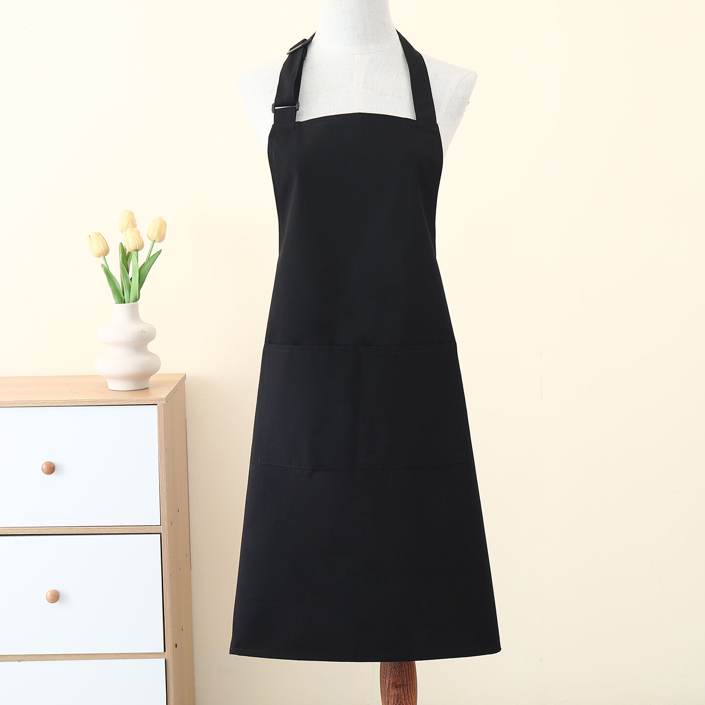 Bulk Custom Logo Black Chef Bib Aprons - Cotton/Polyester Cotton, Breathable Cooling, Adjustable with Pockets, for Cafe, BBQ, Food Service & Cleaning