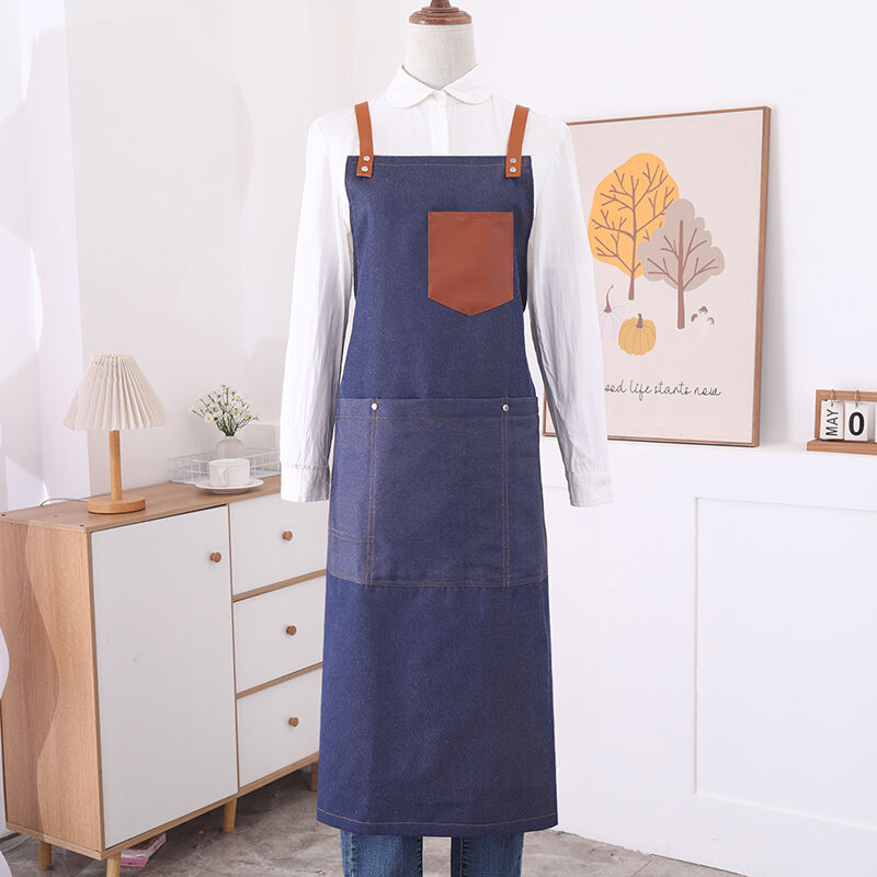 Washed Denim Multi Pocket Hanging Neck Apron Restaurant Barbecue Coffee Shop Work Apron