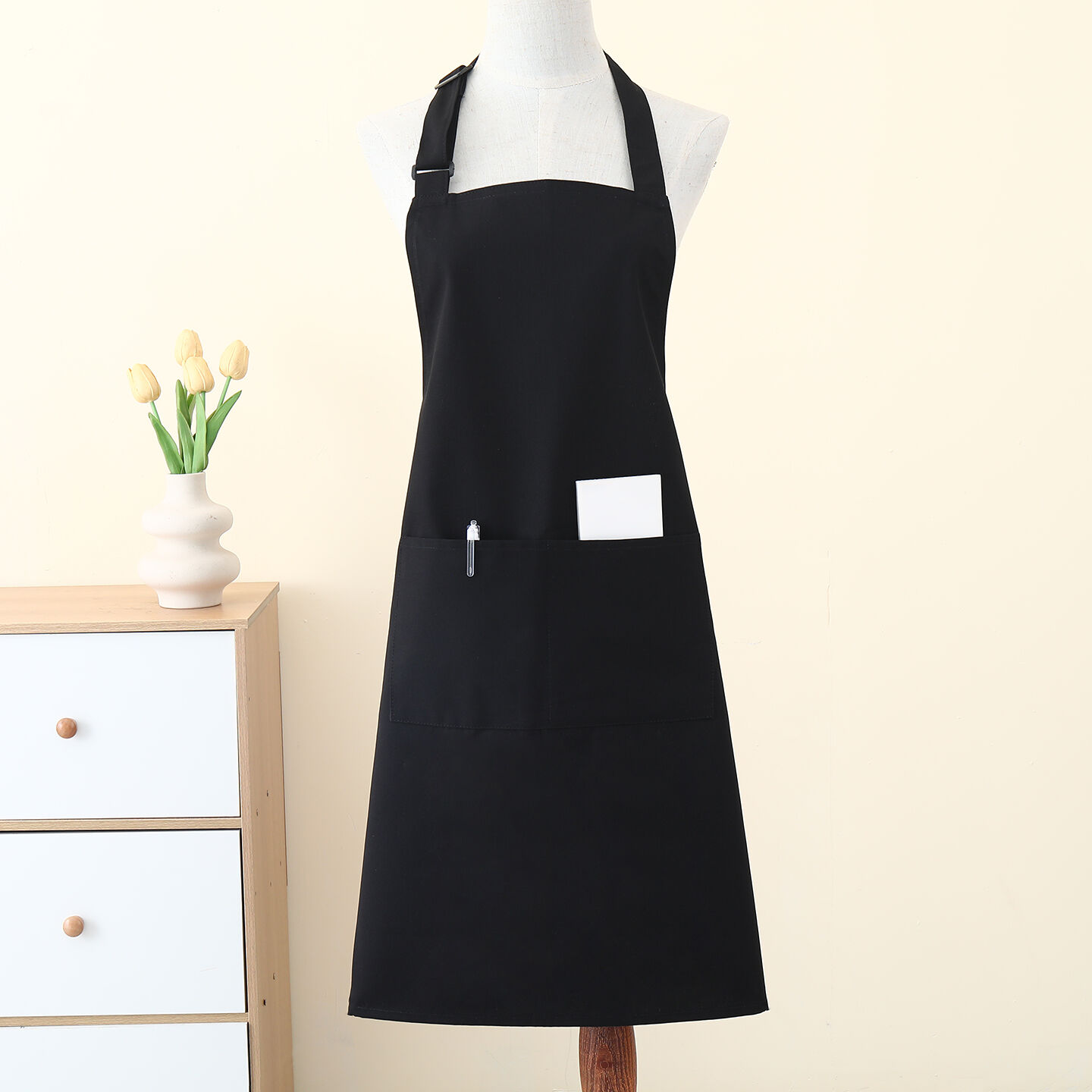 Bulk Custom Logo Black Chef Bib Aprons - Cotton/Polyester Cotton, Breathable Cooling, Adjustable with Pockets, for Cafe, BBQ, Food Service & Cleaning