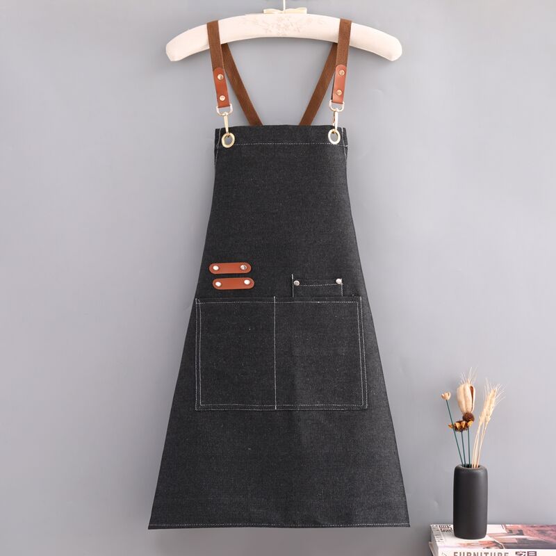 2.Wholesale Black Denim Blue Leather Strap Apron Distressed Denim Apron for Coffee Flower Shop BBQ
