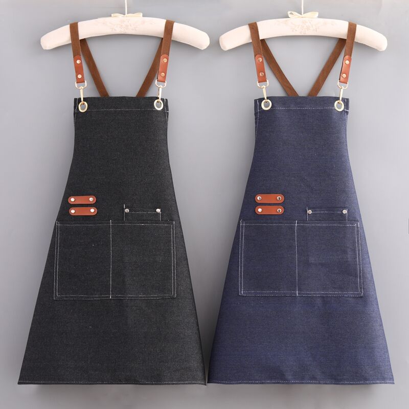 2.Wholesale Black Denim Blue Leather Strap Apron Distressed Denim Apron for Coffee Flower Shop BBQ