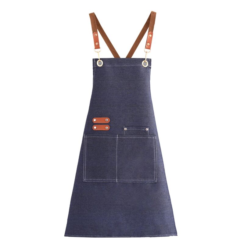 2.Wholesale Black Denim Blue Leather Strap Apron Distressed Denim Apron for Coffee Flower Shop BBQ
