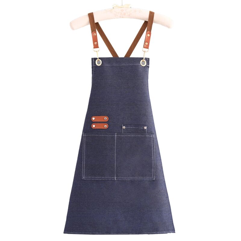 2.Wholesale Black Denim Blue Leather Strap Apron Distressed Denim Apron for Coffee Flower Shop BBQ