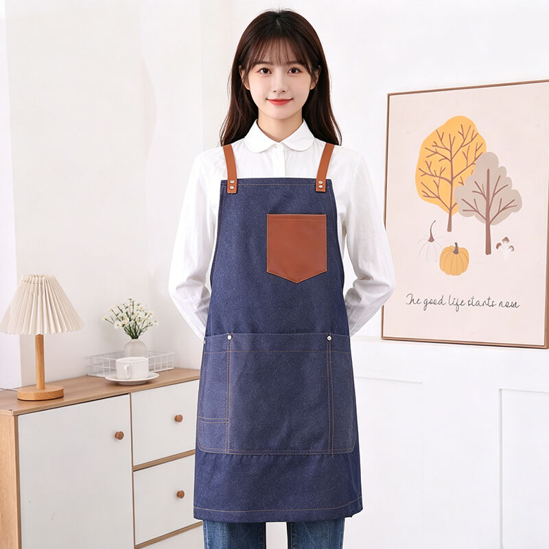 Washed Denim Multi Pocket Hanging Neck Apron Restaurant Barbecue Coffee Shop Work Apron