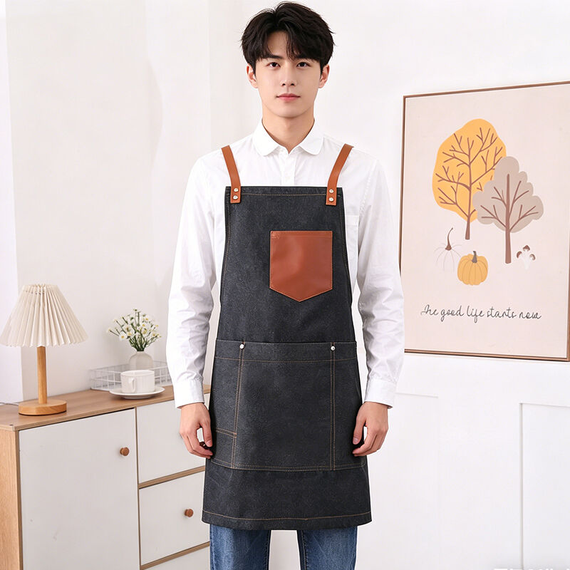 Washed Denim Multi Pocket Hanging Neck Apron Restaurant Barbecue Coffee Shop Work Apron