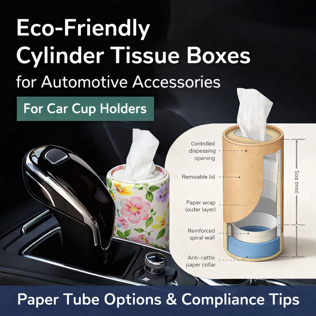 Caixas de Lenços em Cilindro Ecológicas para Acessórios Automotivos | Opções de Tubos de Papel e Dicas de Conformidade