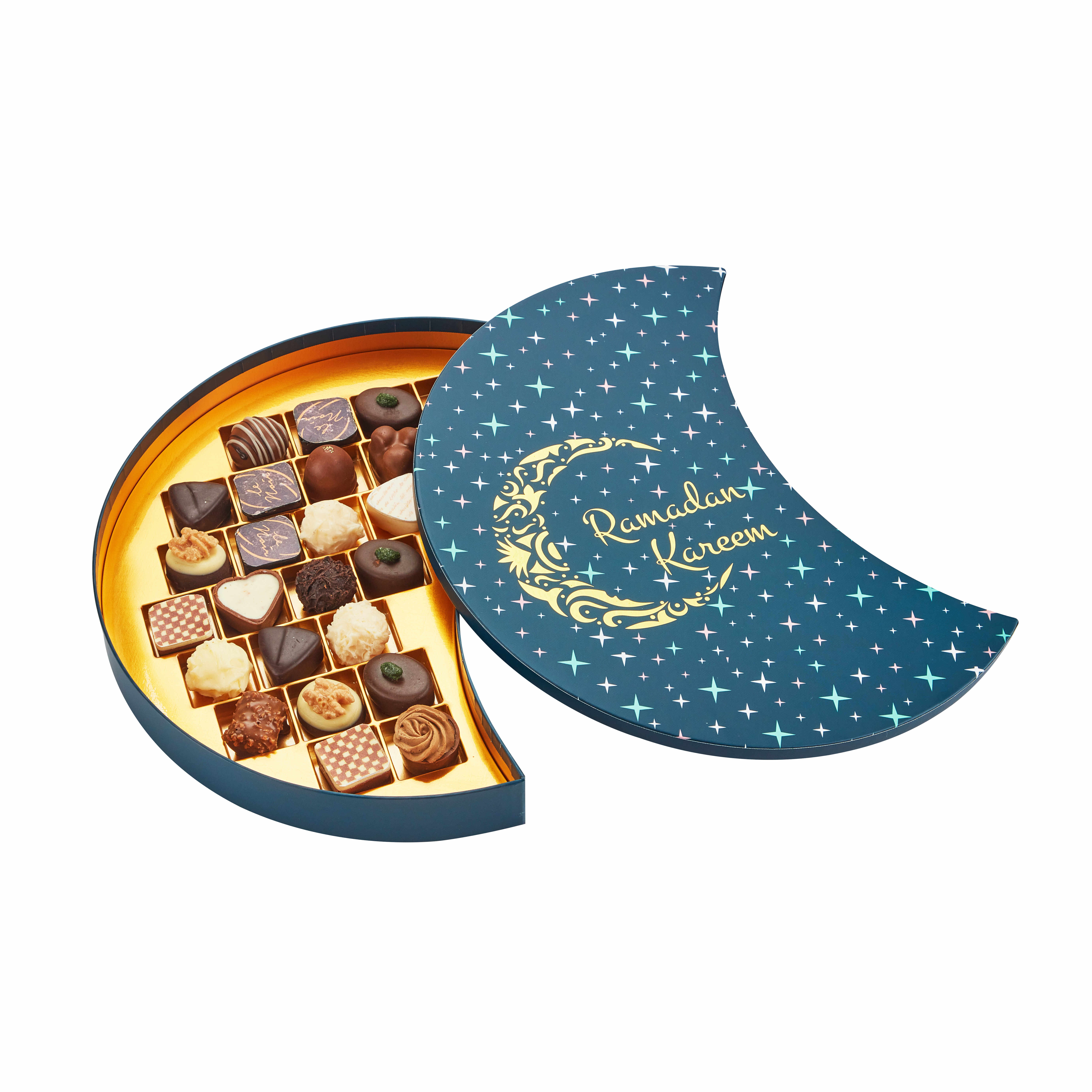 Luxury Moon-Shaped Rigid Lid and Base Chocolate Box | Custom Creative Packaging with Gold Cardboard Insert