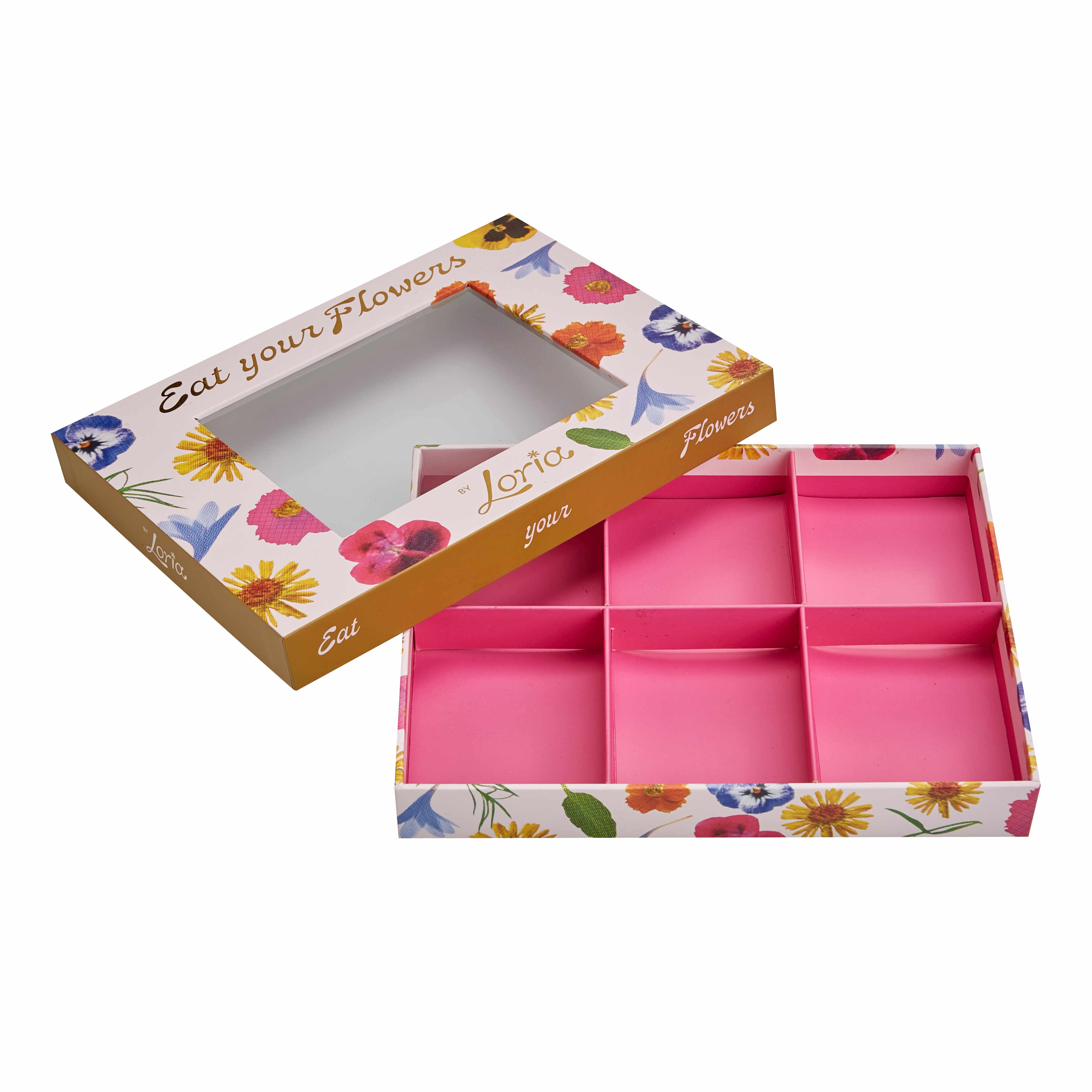 Pink Floral Printed Rigid Lid and Base Box with PVC Window | Elegant Gift Box with Divider for Cookies & Candies