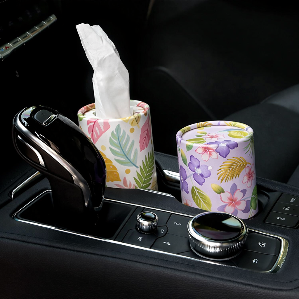 cylinder tissue box placed in a car cup holder.png
