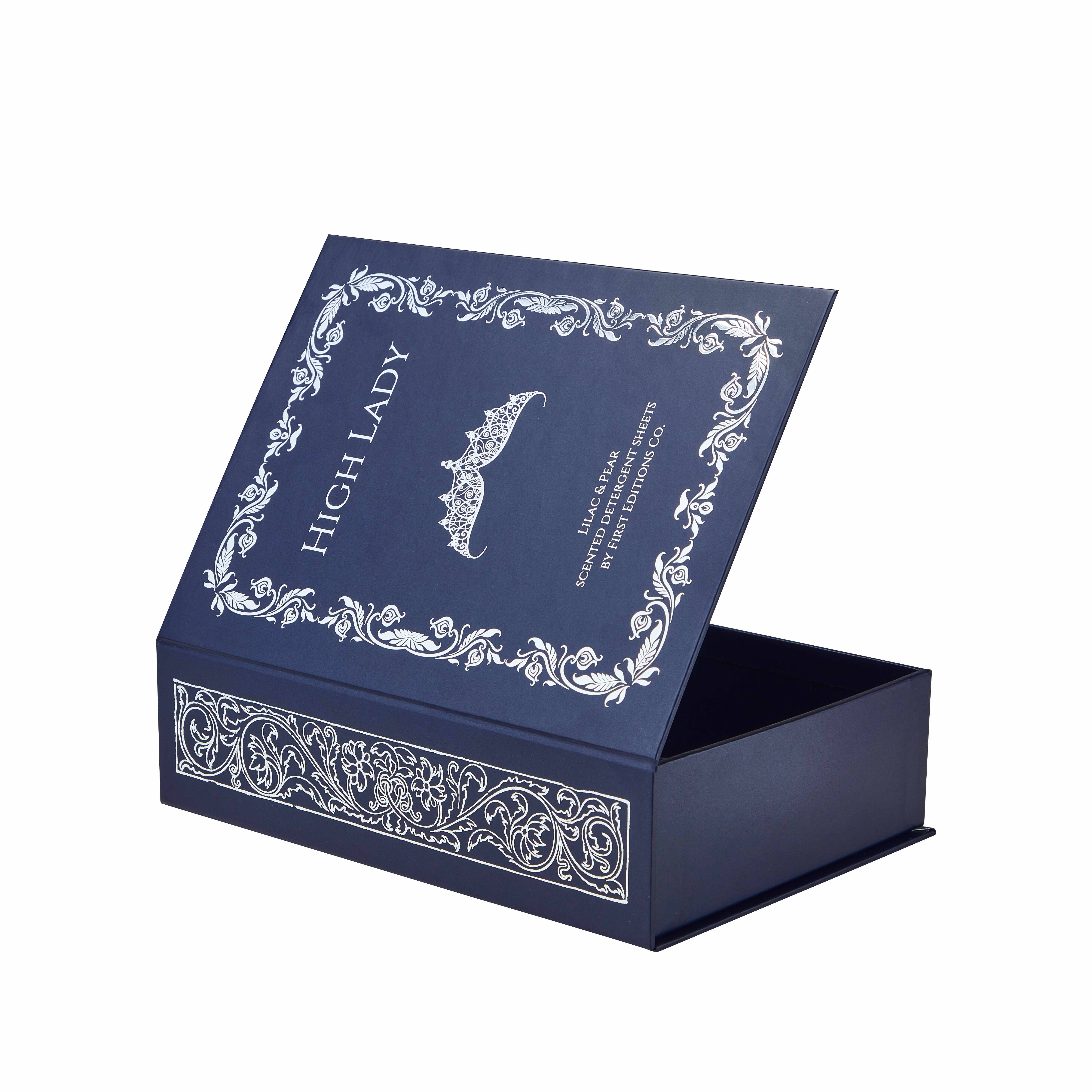 맞춤형 럭셔리 평면 스파인 자석식 책 모양 박스(전면 실버 호일 코팅)