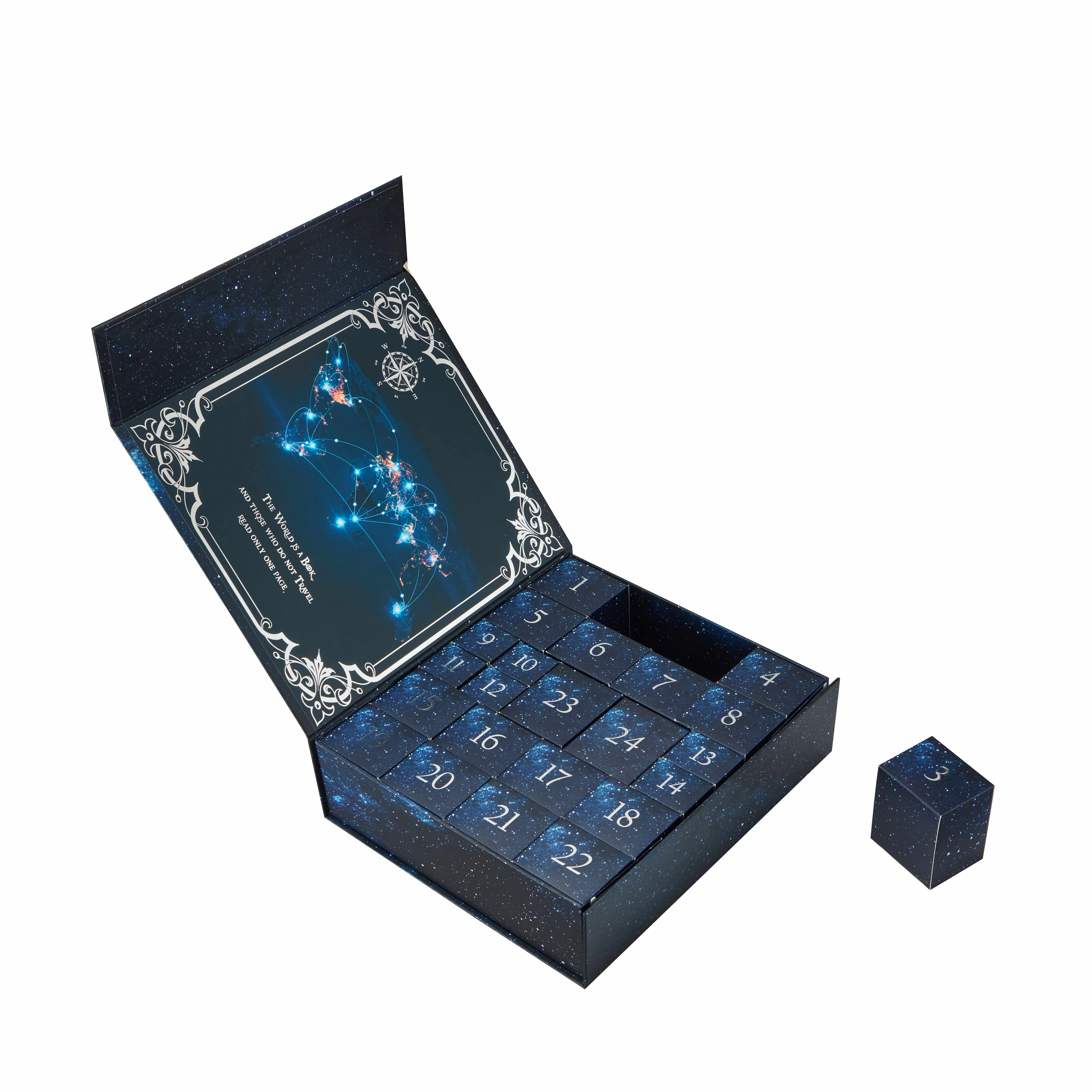 Custom Luxury Advent Calendar Magnetic Book-Shaped Box with Silver Foil