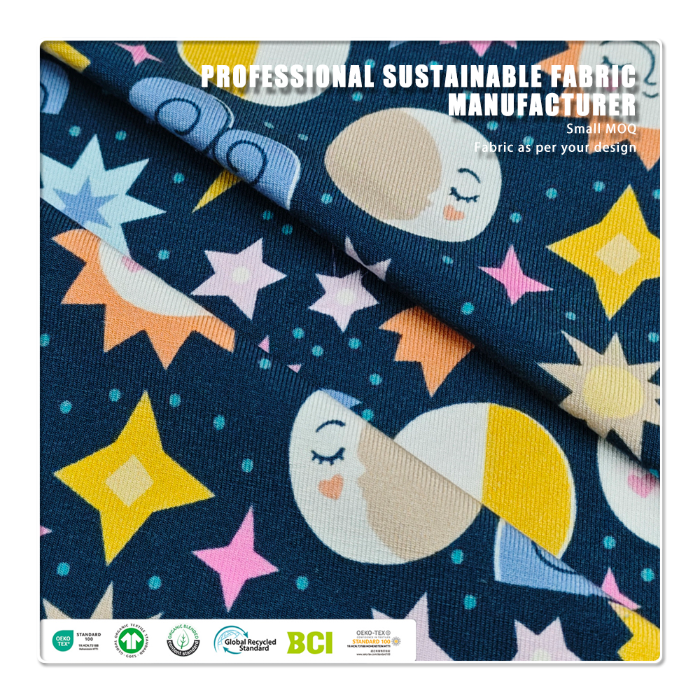 Whimsical Celestial Print Bamboo Spandex Jersey (90% Bamboo / 10% Spandex, 220gsm, 170cm) – Cute Sun, Moon & Star Pattern for Kids Yoga Wear