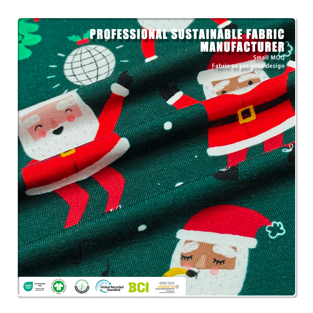 Festlicher, weihnachtlich bedruckter Jersey-Stoff aus Bambus-Spandex (95 % Bambus, 5 % Spandex, 220 g/m², 170 cm Breite) – weich, dehnbar und umweltfreundlich für Kinderpyjamas und Freizeitbekleidung