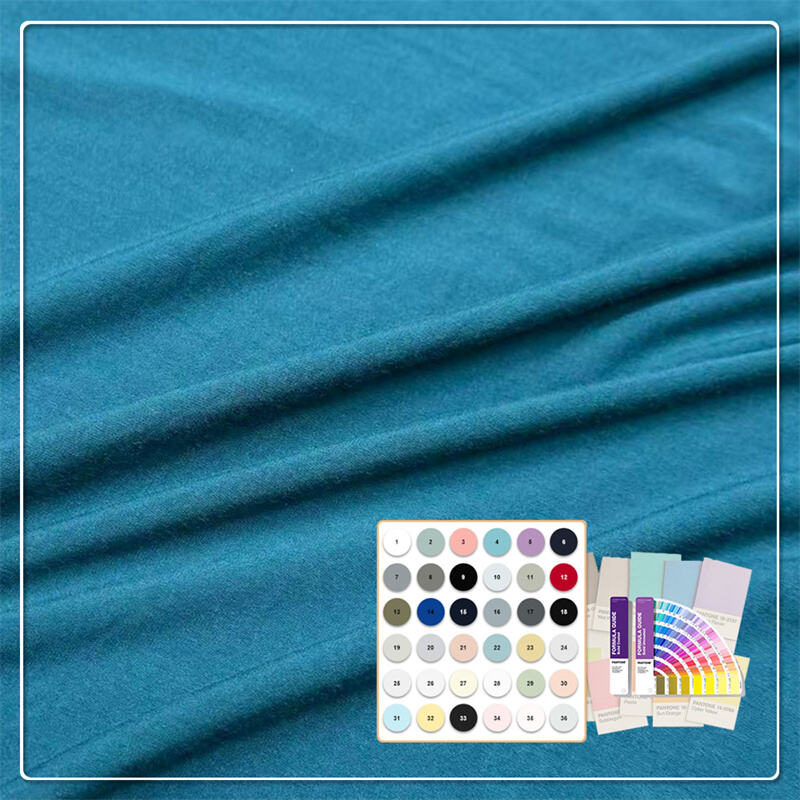 Tecido jersey de 200gsm com 92% de bambu e 8% de elastano, com efeito natural de regulação térmica e excelente caimento, adequado para camisetas